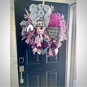 Spooky, cute, goth, valentines wreath, pink and‎ black skeleton door decor